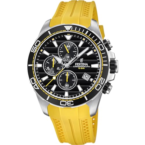 Festina Herren Uhr Analog mit Gelbem Kautschukarmband - Quarzwerk - Sportliche Herrenuhr - Chronograph - Kalender - Mineralglas - Wasserdicht bis 10 ATM F20370/2 Special Prices