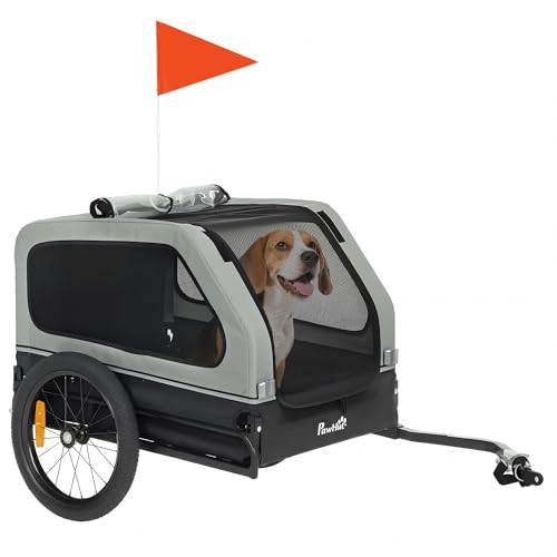 PawHut Fahrradanhänger für Hunde Faltbar Hundeanhänger für Kleine und Mittelgroße Hunde bis 20kg Hundefahrradanhänger mit herunterklappbare Rampe Reflektoren Leine Flagge 138 x 69 x 70 cm Grau