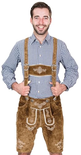 Bayerische Herren Trachten Lederhose kurz, Trachtenlederhose mit Trägern, original in Mittelbraun, Oktoberfest, Größe 52