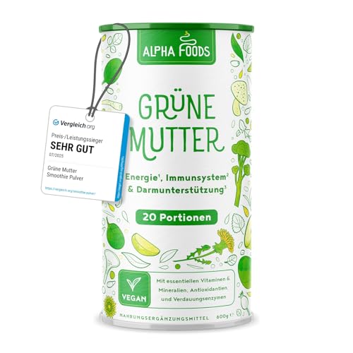 Grüne Mutter 2.0 - Das Original - Greens Shake - Akazienfaserpulver, Weizengras, Brennnessel, Mariendistel, Alfalfa, Chlorella und mehr - Smoothie Shake - 600g Pulver - Alpha Foods