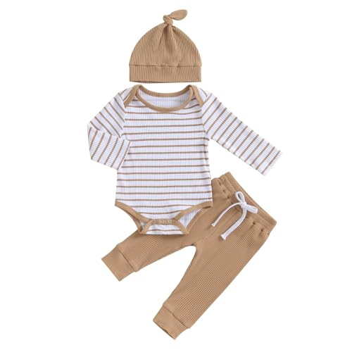 JiAmy Baby Jungen Kleidung Gestreift Body Strampler Langarm Top+Hose+Mütze Babykleidung Set Baumwolle Weiche Bekleidungsset für Neugeborene Kleinkinder 0-3 Monate Hellbraun