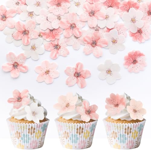 Suofuolef 50 Stück Kirschblüte Tortendeko Essbar, Rosa Blume Kuchen Deko, Essbare Cupcake Deko für Hochzeit, Geburtstag, Jubiläum