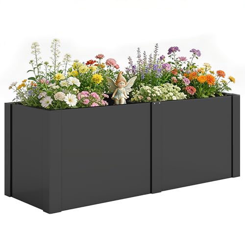 Outsunny Hochbeet Metall 150x53x55 cm Pflanzkasten mit UV Schutz Trennwand Offenem Boden, wetterfest Kräuterbeet Pflanzkübel Gartenbeet für Außenbereich Garten Balkon Schwarz