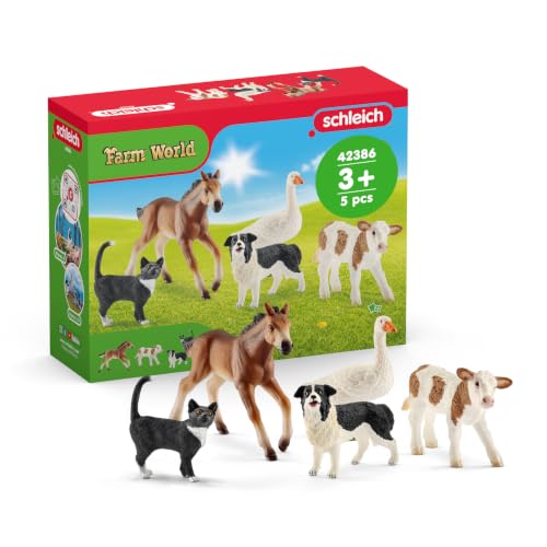 SCHLEICH Farm World | Bauernhoftiere Bundle 42386 | Set mit Kalb, Pferd, Katze, Hund & Gans | realistische Tierfiguren für Kinder | Bauernhof Spielzeug ab 3 Jahre | 5-teilig | exklusiv bei Amazon