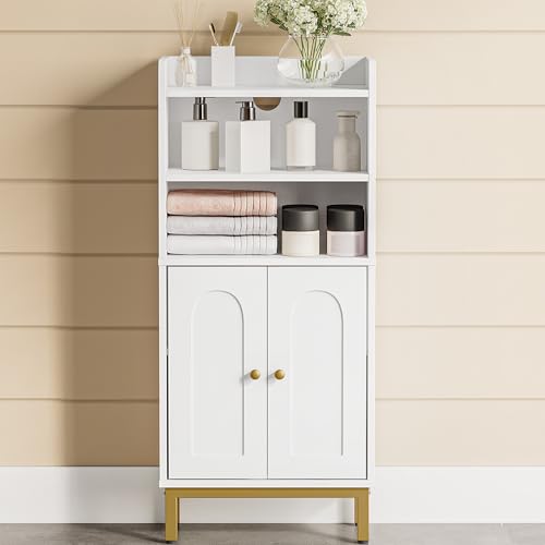 Hzuaneri Badezimmerschrank, Badschrank, Küchenschrank mit 2 offenen Fächern, 2 Türen, 2 verstellbaren Einlegeböden, Freistehender Badezimmer, 20 × 37 × 83 cm, Weiß/Gold BC48213G