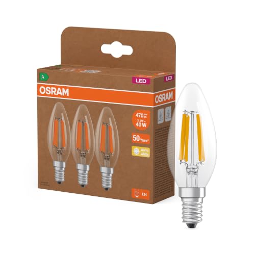 Osram Hocheffiziente LED Lampen mit Energieeffizienz Klasse A, Vorteilspack mit 3 Leuchtmittel, ersetzt herkömmliche 40W Glühbirnen, Kerzenform, warmweiß(2700K), E14, Filament Glas