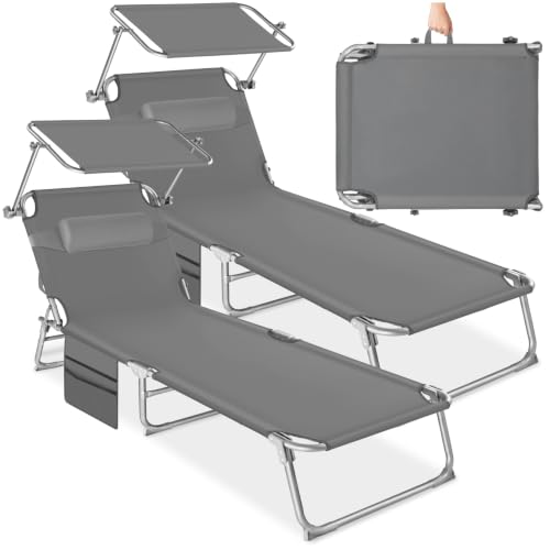 tectake® 2er Set Sonnenliege klappbar und tragbar, Liege mit Seitentasche, Strandliege, Gartenliege mit Dach, Liegestuhl mit Verstellbarer Rückenlehne, Kopfkissen - für Balkon, Terrasse (grau)