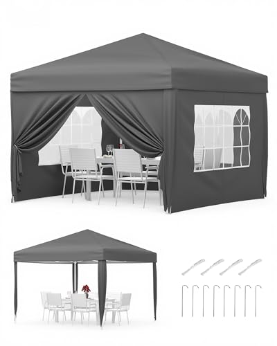 Faltpavillon 3x3 m wasserdicht stabil mit 4 Seitenwänden – Pop up Pavillon faltbar aus 420D Oxford, UV-Schutz 50+, 3-Fach höhenverstellbar, Partyzelt mit Tragetasche für Garten & Outdoor Grau