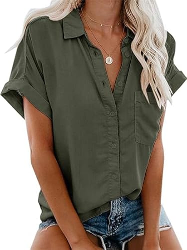 Glacspyg Bluse Damen Elegant Casual Arbeit Hemdbluse 100% Baumwolle Damenblusen Sommer Kurz Hemd Oberteile Bluse Grün M