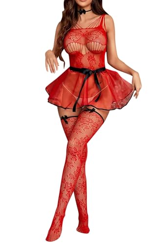LUKYLUM Dessous Damen Sexy Unterwäsche Set, Babydoll Dessous für Frauen Lingerie Nachtwäsche mit Strümpfe Spitze, Fischernetz Babydoll Negligee Dessous Damen Sexy Reizwäsche für Sex Weihnachten, Rot