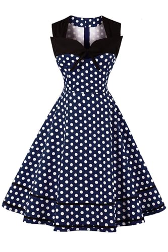 AXOE Damen Rockabilly Kleid 50er 60er Jahre Vintage Elegant Festlich Cocktailkleid für Hochzeitsgast Marineblau mit Weißen Punkten, Gr. 42, XL