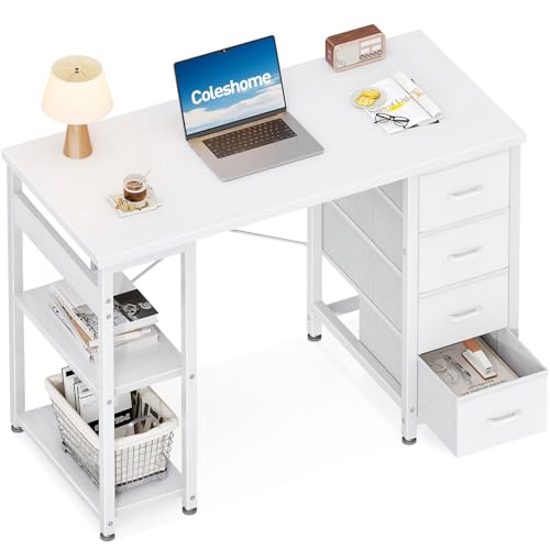 Coleshome Kleiner Schreibtisch mit 4 Schubladen, 100x40cm Schreibtisch mit Stauraum, Umkehrbarer Computertisch mit Regalen PC Tisch für Büro Arbeitszimmer Schlafzimmer, Weiß