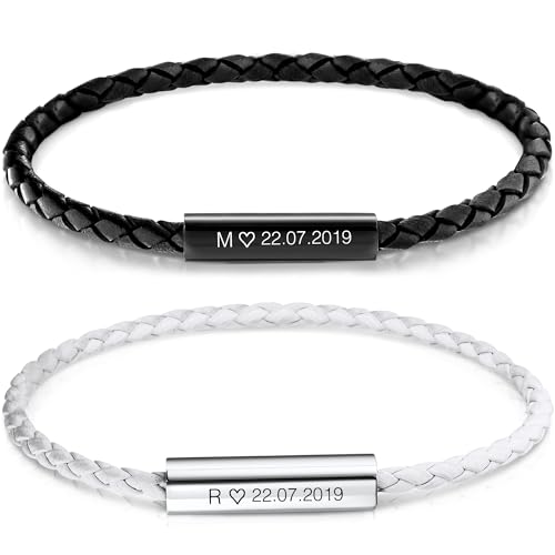 BAVELA Partnerarmbänder mit Gravur | Personalisierte Armbänder Magnetisch | Partnerarmband für Paare | Pärchen Armband | für Herren und Damen | Leder Armband mit Gravur