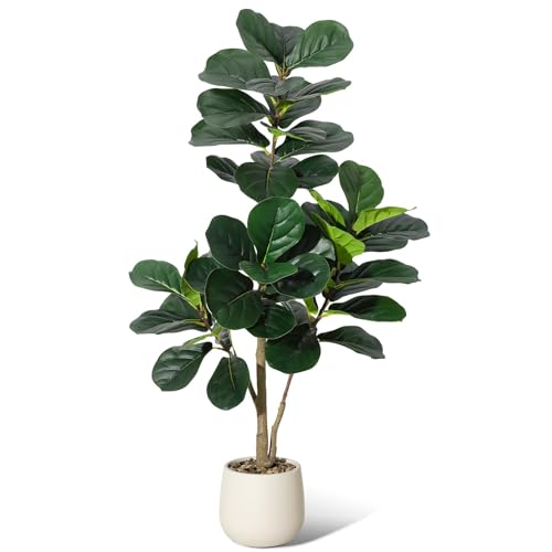 Garvee Kunstpflanze Fiddle Feigenbaum 120cm Künstliche Pflanzen Groß Mit Schotter Und Moos, Plastikpflanzen Mit Weiß Topf Und Schotter, Für Home Decor Zimmerdeko Schlafzimmer Dekoration