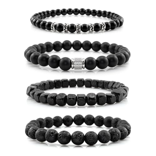 Lameybrt Herren Armband Set Multi - Tiger Eye/Matte Agat/Lava Rock Geschenke für Geburtstag/Jubiläum/Weihnachten (MK03kbt Rock Obsidian Wood, Eine Größe)