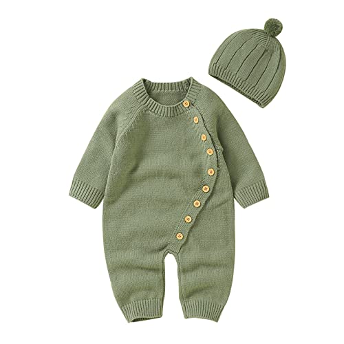 Baby Strampler Gestrickter Overall Babykleidung Mit Hut Für Jungen Mädchen Neugeborene Baumwolle Langarm Jungen Mädchen Pullover Kleidung Baby Overall Green 9-12 Months