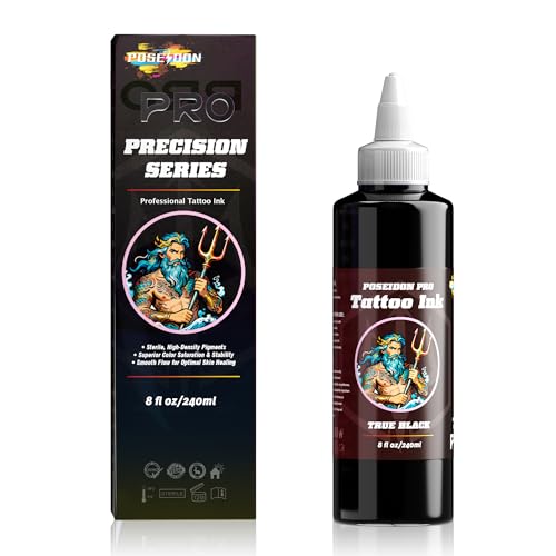 POSEIDON schwarze Tattoo-Farbe – 8 fl oz (240 ml) Flasche – Intensive, vegane Profi-Tinte für echte Haut, Linien, Schattierungen & Packing, Tattoo-Zubehör für Künstler und Anfänger
