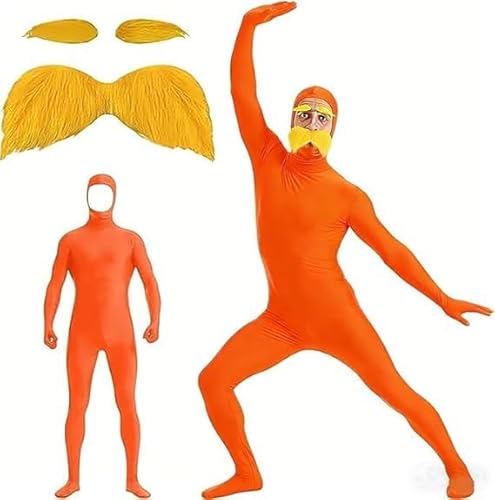 Lorax Kostüm Damen Herren Ganzkörper Bodysuit Orange Unisex 2 Teiliges Karneval Ganzkörperanzug & Schnurrbart Augenbrauen Slenderman Greenscreen Open Face Bodysuit für Cosplay Halloween Fasching L