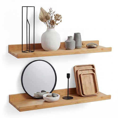 Camerado 2er Set Bilderleiste Bambus 60cm – Wandregal Holz inkl. Schraubenabdeckung