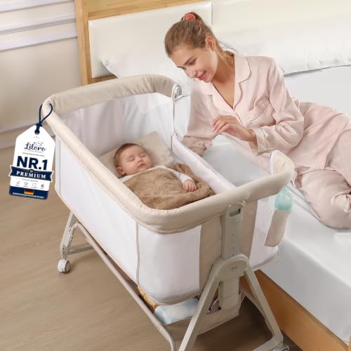 Liloro Baby Beistellbett 4-in-1 mit Wiegefunktion, Stubenwagen, 6-Fach Höhenverstellbar, 360° Atmungsaktives Netz für Neugeborene bis 12 Monate