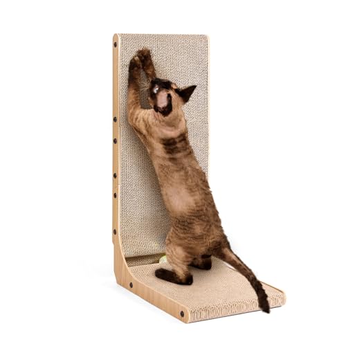 EHEYCIGA Kratzbrett Katze, 68 cm Hohe L Förmige Kratzpappe für Katzen, Hochdichtes Verschleißfestes Kratzmöbel mit Katzenspielzeug, Katzenkratzbrett für Wand und Ecke, Groß