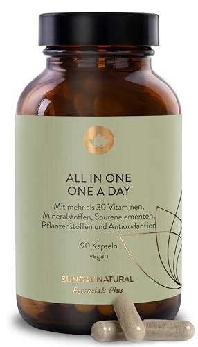 SUNDAY NATURAL® Multivitamin Komplex - All in One – Premium Rundum-Versorgung mit nur 1 Kapsel: 30 A-Z Vitamine, Mikronährstoffe – 90 vegane Vitamin Kapseln - Laborgeprüft und Ohne unnötige Zusätze
