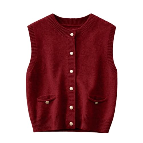 Generisch Damen Strickweste Y2K Ärmellos mit Knopfleiste und Taschen Weich Leicht Locker Einfarbig Rundhalsausschnitt Cardigan