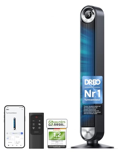 Dreo Smart Leiser Turmventilator mit Kühlung, 106cm WiFi Alexa Tower Fan, 90° oszillierender Ventilator, Fernbedienung 9-Geschwindigkeit 4 Modi 12 Std Timer Sprachsteuerung, Cruiser Pro T2S, Schwarz