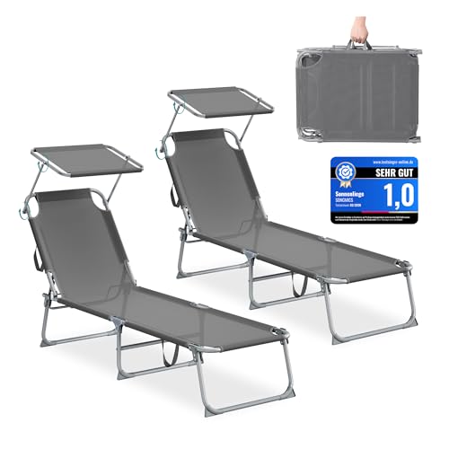 SONGMICS Sonnenliege klappbar, 189 x 53 x 28,5 cm, Gartenliege, belastbar bis 110 kg, verstellbare Sonnenblende und Rückenlehne, Liegestuhl, für Terrasse, Balkon, 2er Set, grau GCB294GZ02