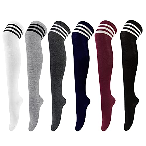 Chalier Cozy 6 Paar Kniestrümpfe Damen, lässige Overknee-Strümpfe, weiche, dehnbare lange gestreifte Überknie-Socken für den Alltag, Einheitsgröße(Dunkelgrau, marineblau, weinrot, schwarz)