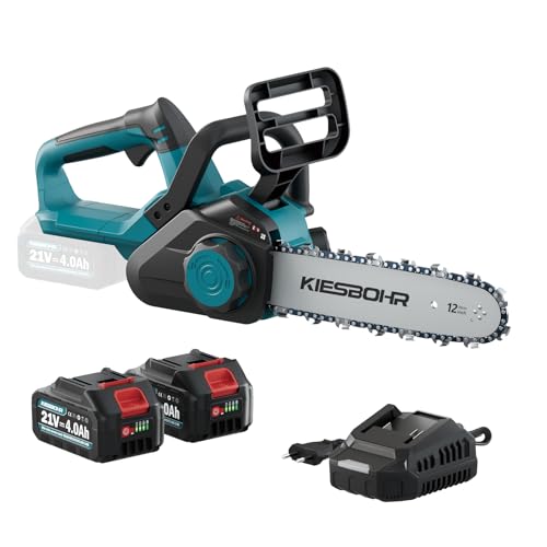 KIESBOHR 30cm Akku Kettensäge, 12 Zoll Bürstenlose Elektro Motorsäge mit Automatischer Kettenschmierung & Kettenspannung (21V, 2 Akkus 4000mAh, 2 Ketten)