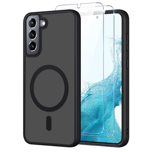 Pnakqil Magnetisch für Samsung Galaxy S22 5G Hülle für Magsafe,Matt Transluzente Handyhülle für Samsung Galaxy S22 5G mit 2 Panzer Schutz Glas,PC Härte Kratzfest Matte Dünn Magnetische Case,Schwarz
