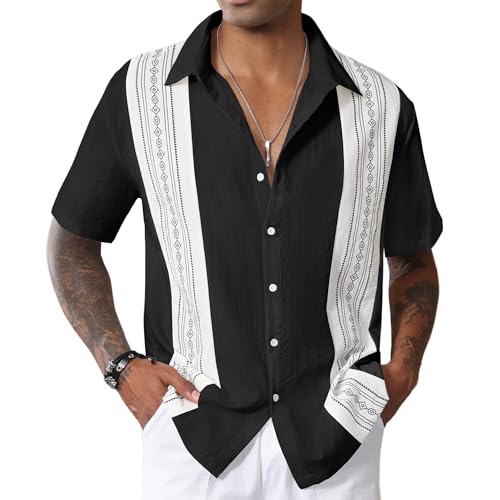 Bowling Hemd Herren Kurzarm Vintage Print Shirt Button Down Hawaii Holiday Hemd Männer Schwarz M