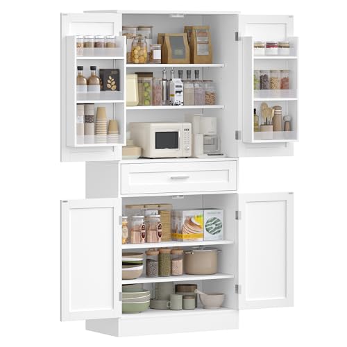Hzuaneri Buffetschrank, Küchenschrank mit 6-stufigem Türrückseiten-Regalsystem, Sideboard mit 4 Türen und 1 Großer Schublade, Modern Stil, Küche, Wohnzimmer, 40 x 80 x 180 cm, Weiß PT21003X