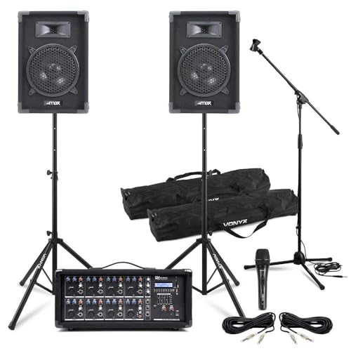 Power Dynamics & Vonyx PA Anlage für Bands Komplett Set – 8 Zoll Lautsprecher mit Stativen – 8 Kanal Mixer mit Verstärker, Mikrofon & Tasche – 800 Watt Beschallungsanlage mit Bluetooth, USB & SD