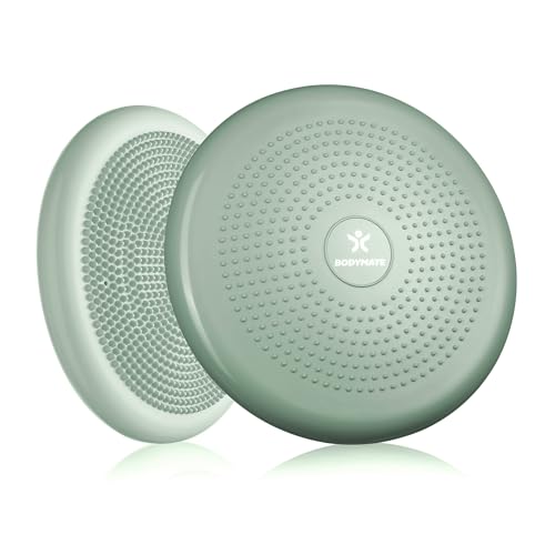 BODYMATE Ballsitzkissen inkl. Pumpe Mineral Sage 34cm Durchmesser - Balance-Kissen, Luftkissen, Balance Pad, Noppenkissen - Core -, Fitness-, Reha-, Koordinations- und Rückentraining