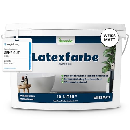 derendo Latexfarbe weiß matt abwaschbar 10 L für Innen Küche Badezimmer streichen weiße Wandfarbe hohe Deckkraft