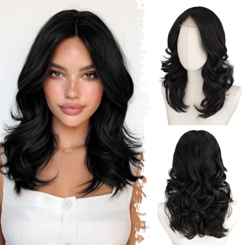 BARSDAR Kurze Gewellte Schwarze Perücke, Schulter Lange Schwarz Perücken für Frauen Kurze Lockere Wellen Layered Perücke mit Face-Framing Curtain Pony Weiche Synthetik Natürlich Aussehend Party