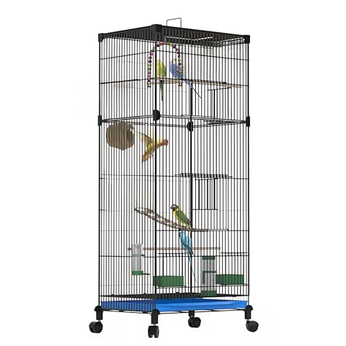 UUE Vogelkäfig, 90cm Kanarienvogel Voliere, Wellensittich Käfig, Vogelkäfig Groß mit Grasnest, Schaukel und Leiter, Doppeltür Papageienkäfig, Vogelkäfige Mit Universalrad, Schwarz