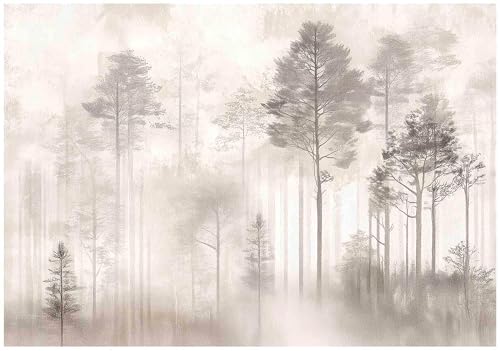 WallArena - Vlies Fototapete Wald Nebel 350x250 cm - Fototapeten - Tapeten - für Wohnzimmer Schlafzimmer - Vliestapete Wandtapete Tapete 3D Effekt- inkl. Kleister - Landschaft Boho Beige Natur