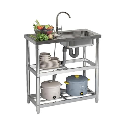 CStern Freien Waschbecken mit Wasserhahn,Freistehend Edelstahl Spüle,Multifunktions Waschtisch mit Wasserrohr,Küchenspüle mit Ablageflächen,Gebrauchswaschbecken für Waschküche,Garten,Restaurant,Garage