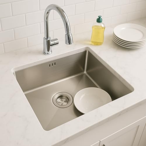 Einbauspüle aus silberfarbenem Edelstahl, 40 x 35 cm, freistehend | Leiser Betrieb, mit Abflusssieb | Überlauf, multifunktionale Spüle | Aufsatzspüle | Küchenbarspüle