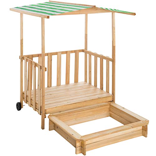tectake 800792 Sandkasten mit Dach, Spielhaus mit Sandkasten aus Holz, Sandkiste mit Veranda und Geländer, Sandbox mit Abdeckung und Sonnenschutz - Diverse Farben - (Grün | Nr. 403240)