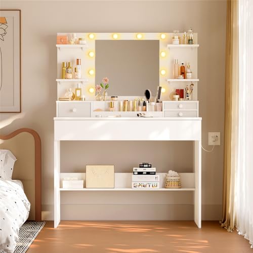 Coleshome Schminktisch mit LED-Spiegel und 10 Leuchten, Kosmetiktisch mit 3 Farbtemperaturen & 9 Helligkeitsstufen, Frisiertisch mit Schubladen, Organizer und Regal, Weiß, 100x40x136cm