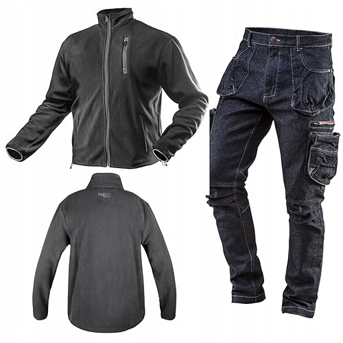 NEO TOOLS Set aus Denim Arbeithose und Warme Fleecejacke (Grün, Graphitgrau, Navy-Blau) - Gr. S (48) - 3XL (58) | Arbeitskleidung Alltagskleidung Kleidung Set Herren