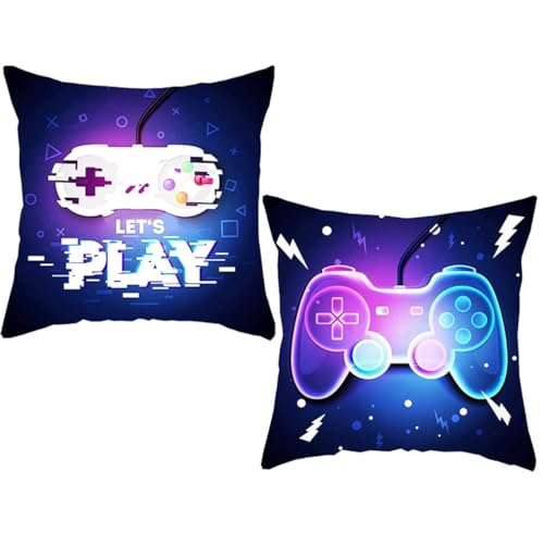 GiantGo 2Stück Kissenbezüge mit Videospiel-Thema, ausgefallene Coole Gaming-Muster, Wörter, Kissenbezüge für Gamer, Sofa, Bett, Überwurf-Kissenbezüge, Dekoration, Game-Controller-Muster
