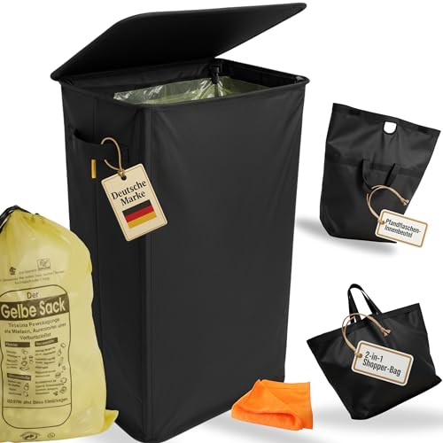 ZUHAUSEZIRKEL Pfandflaschen Sammelbehälter 100L – Gelber Sack Ständer (60–120L) – Mülleimer mit Deckel – 2-in-1 Innenbeutel/Shopper-Bag – Reinigungstuch inkl. – Müllsackständer für Küche & Haushalt