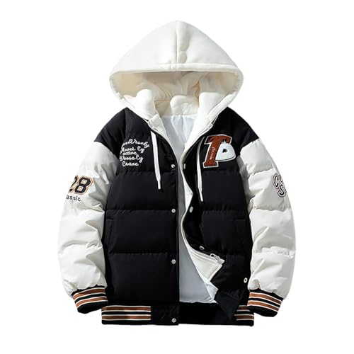 Generisch Winterjacke Herren Hip Hop Fashion Daunenjacke mit Kapuze Gespleißte Baseballjacke Winter Outdoor Verdickte Baseball Jacke Fake Zweiteilige Kapuzenjacke