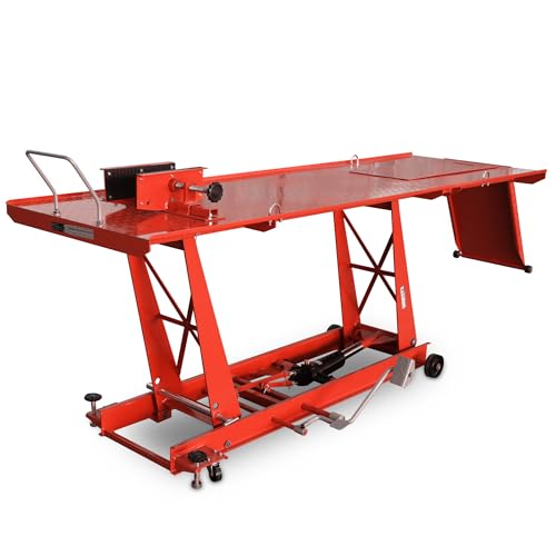 BITUXX Motorrad Hebebühne Motorradheber Motorradbühne Lift Hydraulisch mit Fußpumpe, 460 kg Belastbar, Werkstattbühne mit Radsicherung, Serviceklappe & Auffahrrampe Rot