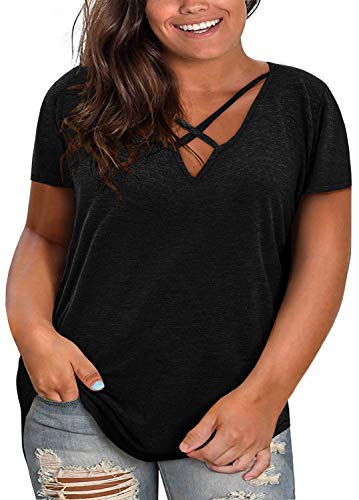 Fisoew Große Größen T Shirt Damen Bluse V Ausschnitt Plus Size Tops Oversize Sommer Oberteile Shirts Tunika.Schwarz 3XL